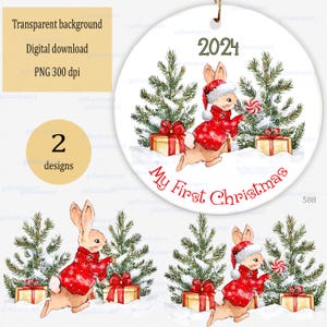 Aquarelle de Noël Pierre lapin en hiver scène enneigée PNG clipart : Flopsy Bunny avec coffrets cadeaux et sapin, conception Baby First Xmas