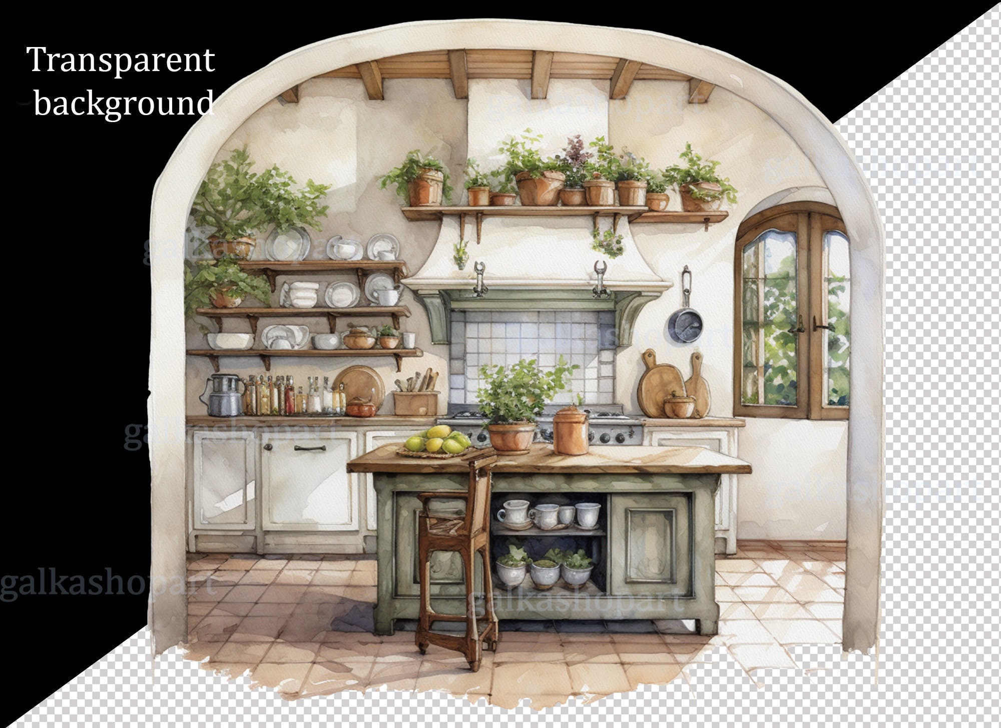 Cottage Kitchen Watercolor Clipart Set: 8 Rustic Farmhouse Pngs, Cozy ...