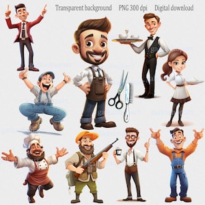 Occupations Cartoon Characters Clipart Set: 9 PNG Files Featuring Community Helpers&Professions - cook, barber, waiter, sales agent, barista