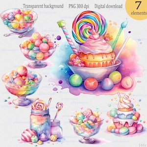 Zestaw clipartów akwarelowych Rainbow Sweets: Fantastyczne cukierki, ciasta, napoje na przezroczystym tle Pliki PNG do tworzenia kartek i dziennika śmieci