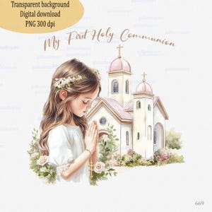 Première communion PNG, sublimation florale beige, jeune fille en prière à l'église Bg, clipart chrétien aquarelle, fabrication de cartes d'invitation