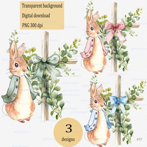 Set von 3 Png-Designs für die Taufe oder den Tauftag mit Vintagem Peter Rabbit, das in der Nähe von Grünkreuz steht Religiöse Cliparten für Sublimation