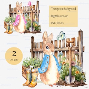Jardinage sublimation PNG, Peter Rabbit printemps Clipart, Illustration de jardin de Pâques, semis floraux, décor de ferme, lapin vintage