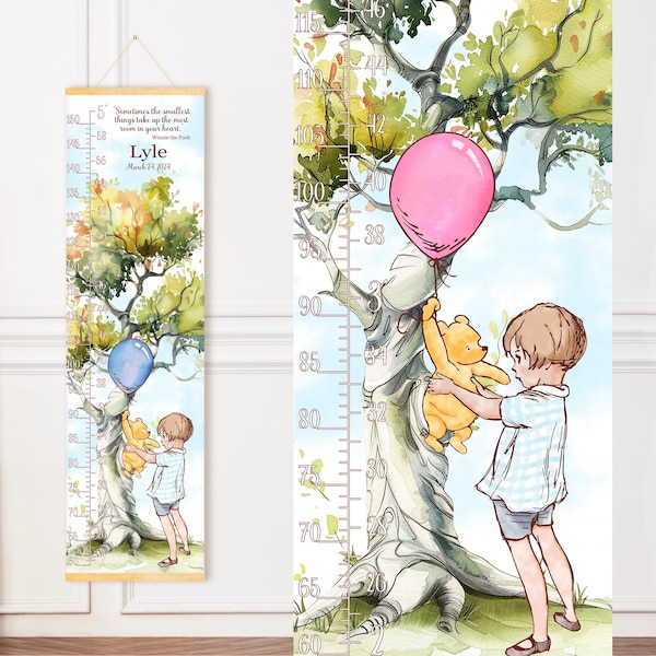 Classic Winnie the Pooh & Christopher Robin near tree: Personalized growth chart, Height Ruler Decor for Playroom, Custom Baby shower gift