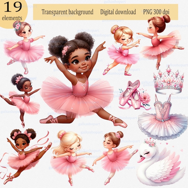 Clipart Set 19 watercolor Ballet elements: little ballerina doll in pink dress tutu, afro american baby girl, swan tiara crown pointe shoes