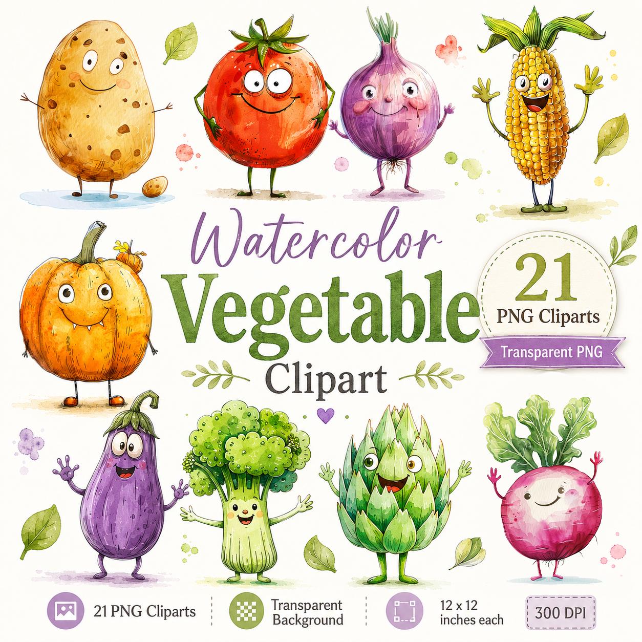 Vegetable Clipart PNG Set: Cute Watercolor Veggie Characters, Kids Food ...