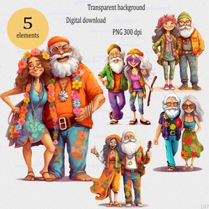 Old Hippie couple Clipart PNG, old ladies and old mans, Cute happy old men, cartoon grandma and grandpa, Gift for romantic grandparents