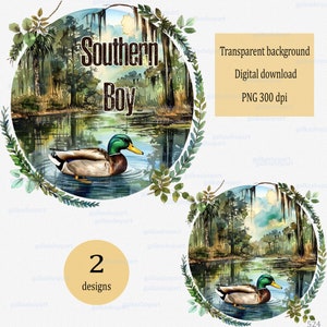 Conception en sublimation Southern Boy Png : clipart de chasse au canard colvert, garçon chasseur de l'Ouest, baby shower de logo ou naissance, illustration numérique des marais
