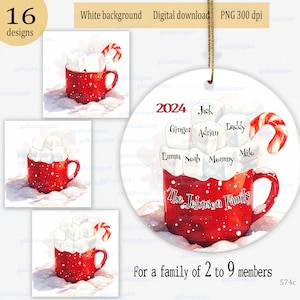 Clipart PNG de Noël en famille pour sublimation : design personnalisé pour grands-parents avec 2 à 9 noms de membres, tasse de camping guimauve cacao chaud
