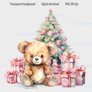 Aquarelle avec sublimation d'ours en peluche et de sapin de Noël en rose : 1er Noël de bébé, conception de sac du père Noël, image d'hiver, PNG transparent