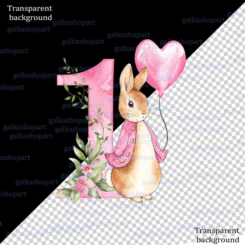 Watercolor Peter Rabbit birthday PNG clipart set with pink jacket bunny, heart balloon, greenery and floral number 1, 2 and 3 designs, shown on a baby bodysuit mockup.