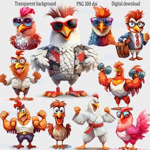 Set di clipart di 10 galli divertenti: culturista karateka uomo d'affari pollo affascinante con gli occhiali, illustrazione di fattoria, file PNG su trasparente