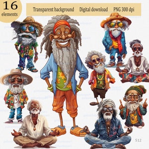 Imágenes prediseñadas PNG de hombres hippies viejos: lindo hombre mayor de piel oscura feliz, abuelo afroamericano bohemio de dibujos animados, regalo romántico bohemio para abuelo