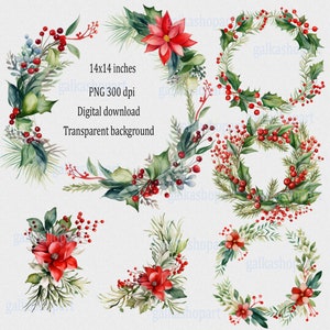 クリスマスリースとボーダーのクリップアートPNG – 水彩画のホリデーグリーン、ヤドリギとヒイラギ、冬の昇華、クリスマスデコレーションイラスト