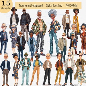 Coppia felice di anziani asiatici afroamericani alla moda Clipart PNG: nonna e nonno dei cartoni animati, pensionati anziani, caricature romantiche dei nonni