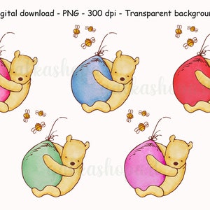 Classic Winnie the Pooh Sublimation Designs, Watercolor Baby Shower Clipart, Birthday Decor, Vintage bear with balloon, Transparent PNG