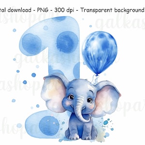Clipart premier anniversaire de garçon, aquarelle mignon bébé éléphant avec ballon bleu, PNG transparents, création de cartes de conception par sublimation d'un enfant d'un an