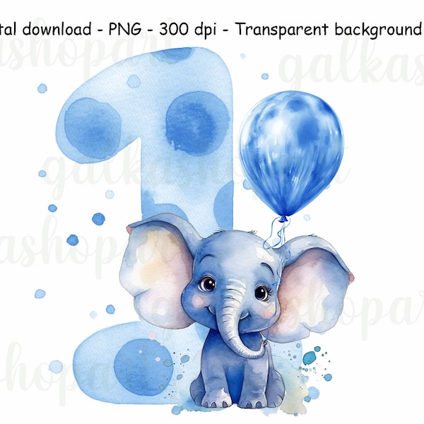First birthday boy clipart, watercolor cute baby elephant with blue balloon, transparent PNG, Sublimation design card making of one year old