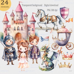 Clipart PNG a sublimazione ad acquerello con personaggi delle fiabe del Medioevo: piccola principessa, principe, cavaliere, castello, drago, carrozza, cavallo