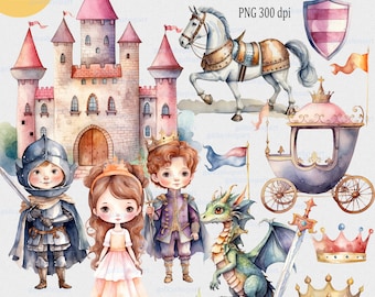 Watercolor Sublimation Clipart PNG with Fairytale Characters Middle Ages: Little Princess, Prince, Knigh, Castle, Dragon, Carriage, Horse
