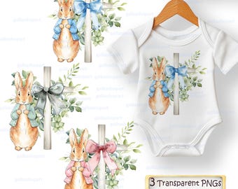 Peter Rabbit Baptism Clipart Set, Vintage Cross PNG Bundle, Christening Bunny Sublimation
