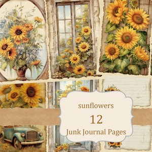 Sunflower Junk Journal pages, Floral illustration kit, Yellow Flower, Vintage Printable Paper, Digital Collage Sheet, Botanical art