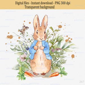 May include: Watercolor illustration of a brown rabbit wearing a blue jacket, surrounded by greenery, flowers, and carrots. A butterfly and paint splatters add detail. The image has the text "Digital files - Instant download - PNG 300 dpi Transparent background."