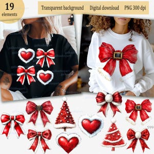Lazo rojo navideño PNG Clipart para sublimación, impresión en camisetas y otros; Árbol de corazón con lazo de piel de Papá Noel de tendencia; Diseño coqueto navideño de acuarela