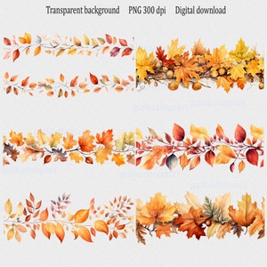 Imágenes prediseñadas de bordes otoñales de acuarela: conjunto de 6 imágenes prediseñadas de bordes de hojas sin costuras en formato PNG, marco de otoño, diseño de guirnalda amarilla