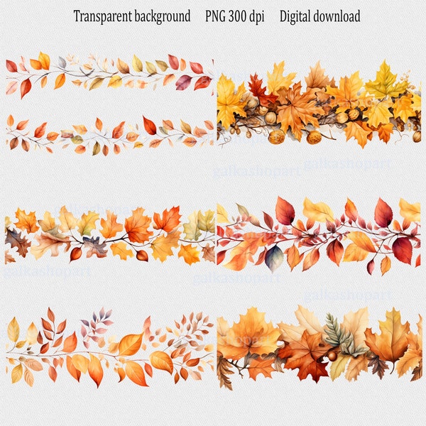 Watercolor Autumn Borders Clipart: set of 6 seamless leaves borders clip art in PNG format, fall frame, yellow garland design