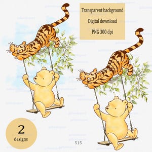 Winnie the Pooh clásico en un columpio y Tigger, rama de árbol para sublimación e impresión, decoración de fiesta, clipart de acuarela PNG