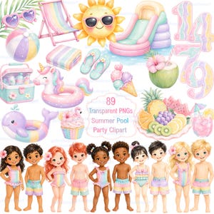 Puede incluir: Una colección de imágenes prediseñadas de fiesta en la piscina con objetos en tonos pastel que incluyen una pelota de playa, sol, tobogán, flotador de unicornio, helado, frutas tropicales y niños en traje de baño, con el texto 89 Transparent PNGs.