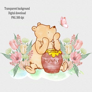 Design classique en sublimation Winnie l'ourson, décoration de baby shower et d'anniversaire, clipart aquarelle PNG, ours avec du miel, design de transfert de T-shirt