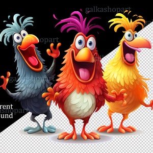 May include: Three cartoon birds with bright colors and open mouths, singing or laughing. The birds are blue, red, and yellow.