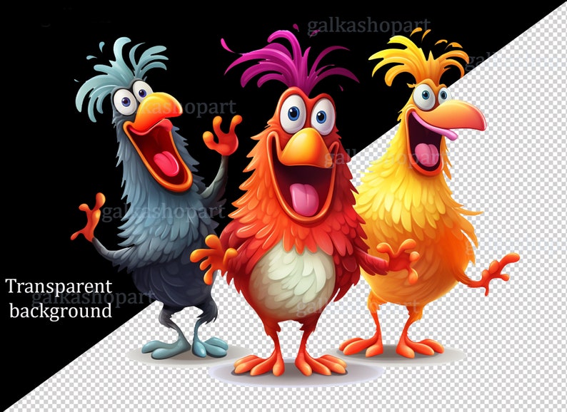 May include: Three cartoon birds with bright colors and open mouths, singing or laughing. The birds are blue, red, and yellow.