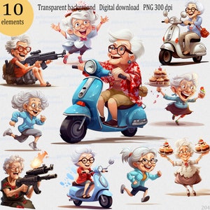 Funny Old Ladies Clipart PNG: Active Old men, Happy Women, Cute cartoon grandmother on motorbike, Cheerful Granny confectioner, Grandma gift