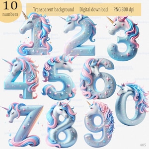 3D-Nummer des Einhorns: individuelle Nummer Clipart, Geburtstagseinladung Design, Sublimationsgrafik, Mädchen Party Dekor