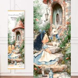 Aangepaste lengtetabel meisje, Alice in Wonderland thema gepersonaliseerde groeimeter, wanddecoratie kinderkamer, doopcadeau baby, 1e verjaardag kinderen