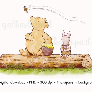Diseño clásico de sublimación de Winnie the Pooh, decoración para baby shower y fiestas de cumpleaños, acuarela clipart PNG de oso y cerdito, arte de pared de género neutro