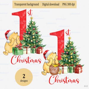 クリスマスツリーとギフトボックスの昇華デザインが入ったクラシックなくまのプーさん PNG: 赤い色の水彩画のクマのクリップアート、私の最初の赤ちゃんのクリスマス
