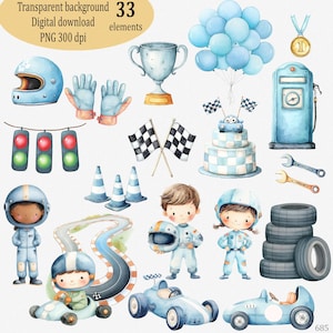 Puede incluir: Ilustración en acuarela con elementos de temática de carreras. Incluye coches de carreras, cascos, banderas a cuadros, semáforos, un trofeo, globos y personajes de dibujos animados con trajes de carreras. Texto: "Transparent background, Digital download, 33 elements, PNG 300 dpi."