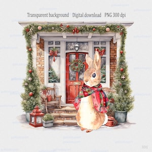 Peter Rabbit con sciarpa scozzese vicino alla porta d'ingresso di Natale, disegno a sublimazione PNG: Clipart rosso di Natale ad acquerello, arte murale invernale per la cameretta dei bambini