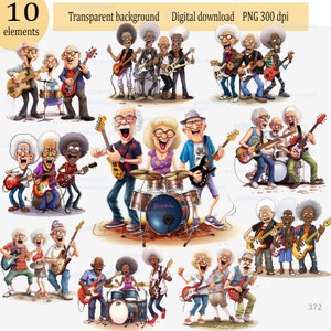 Ältere Rockband Clipart PNG: Skurrile Großeltern spielen Gitarre, Singende Oma & Opa, Alte afroamerikanische und weiße Menschen, Oma