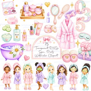 May include: A collection of watercolor spa-themed illustrations featuring a pink bathrobe, slippers, towels, a bathtub with a daisy, skincare products, makeup, mirrors, brushes, and eight diverse children wearing robes and headbands with spa text.