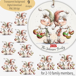 Christmas Elf Family Clipart, 9 Watercolor PNG Designs with Blank Name Ornaments