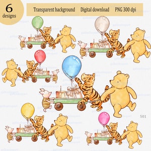 Classic Winnie the Pooh and friends: 6 PNG clipart, Birthday scenes party decor, Vintage Pooh baby shower, Watercolor sublimation design