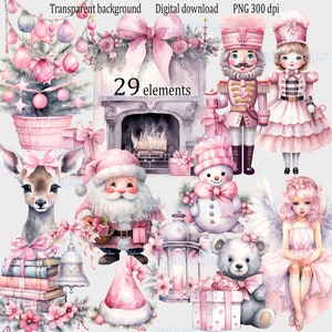 Cliparts PNG de Natal em cores rosa e prata: gráficos de Papai Noel em aquarela, enfeites de árvore de Natal, boneco de neve quebra-nozes, rena, anjo, ursinho de pelúcia, conjunto de 29