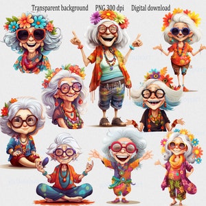 May include: A digital collection of eight illustrations featuring an elderly person with white hair, wearing colourful floral crowns, round glasses, and vibrant patterned clothing. The characters are depicted in various poses, including standing, sitting, and gesturing, all showcasing a cheerful expression.