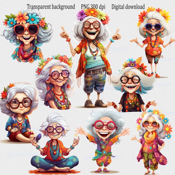 Old Hippie Ladies Clipart PNG: Cute happy elderly woman, cartoon grandma, romantic grandmother gift, Boho printable wall art, Bohemian style