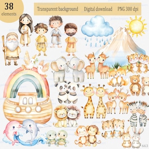 Clipart aquarelle arche de Noé, histoire biblique, couples de bébés animaux, sublimation chrétienne, décoration neutre pour chambre d'enfant, graphismes pour le baptême et le jour du baptême